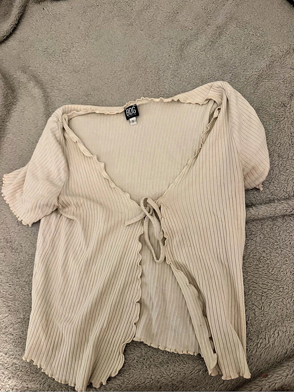 BDG Ribbed Jersey Tie Front Top in Cream